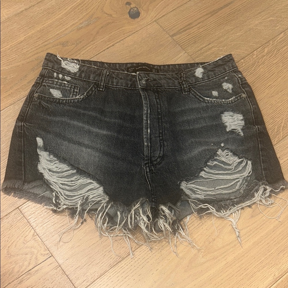 Washed Black Distressed Denim Shorts
